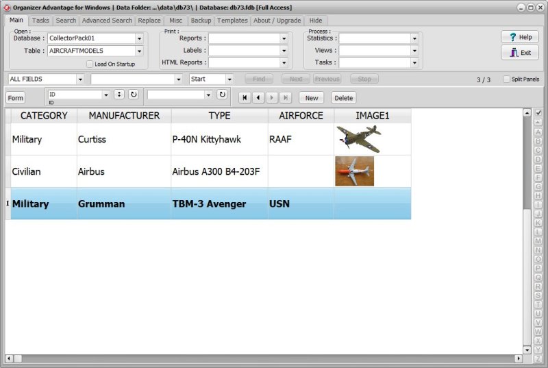 Aircraft Models Inventory Software for Windows Table View